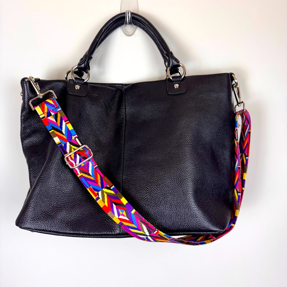 Kattee Soft Black Pebbled Leather Satchel Crossbody Bag‎ Silver Hardware Large